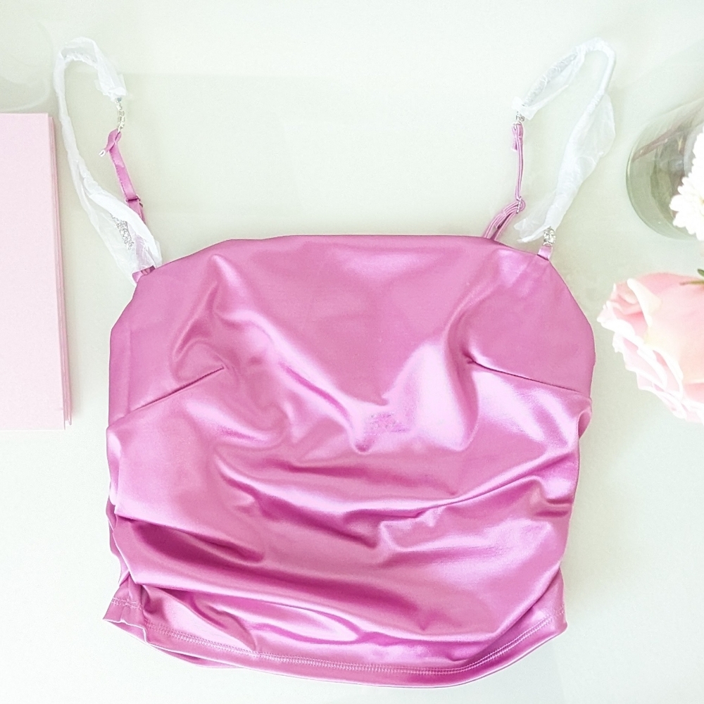 Horoscopez Rhinestone Strap Satin Crop Top